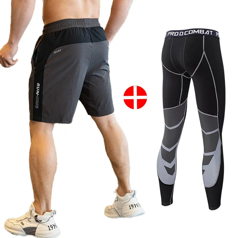 2pcs Set Men Running Compression Sweatpants Gym Jogging Leggings Basketball Football Shorts Fitness Clothes Tight Sport Pants v2