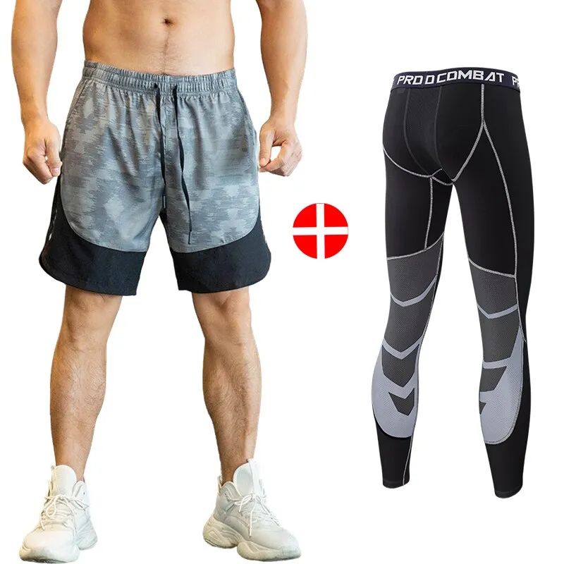 2pcs Set Men Running Compression Sweatpants Gym Jogging Leggings Basketball Football Shorts Fitness Clothes Tight Sport Pants v2