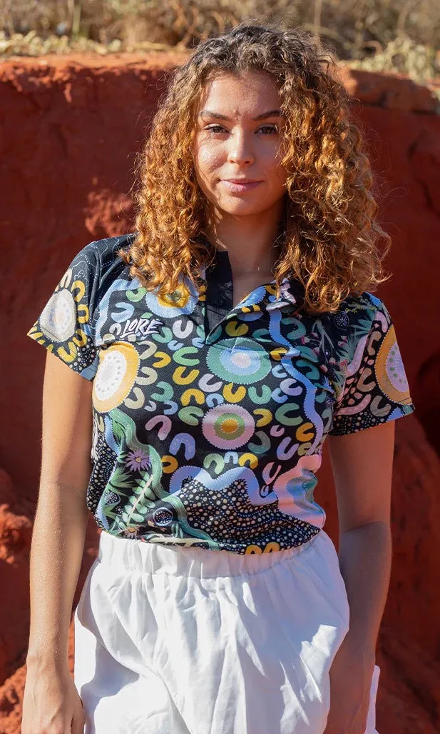 Aboriginal Art Ladies Fitted Polo Two Worlds