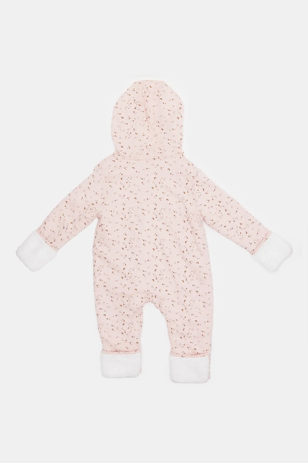 Babies Pink Printed Hooded Jumpsuit Coat