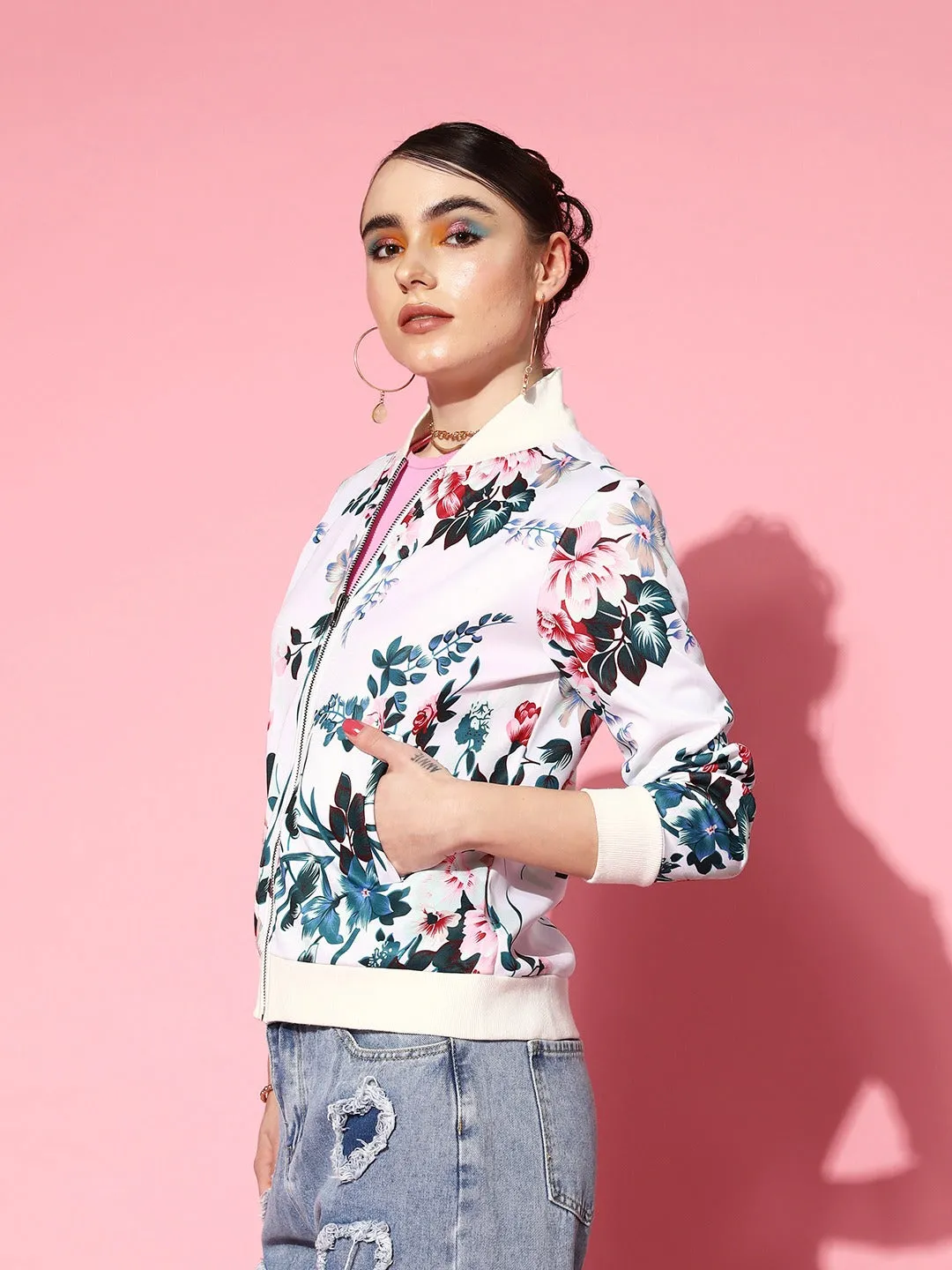 Berrylush Women White & Blue Floral Printed Mock Collar Neck Two-Pocket Straight Hem Bomber Regular Jacket