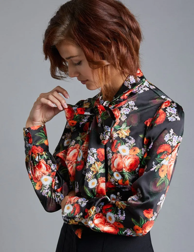 Black & Orange Floral Fitted Satin Blouse