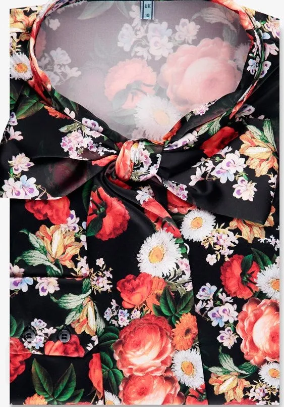 Black & Orange Floral Fitted Satin Blouse