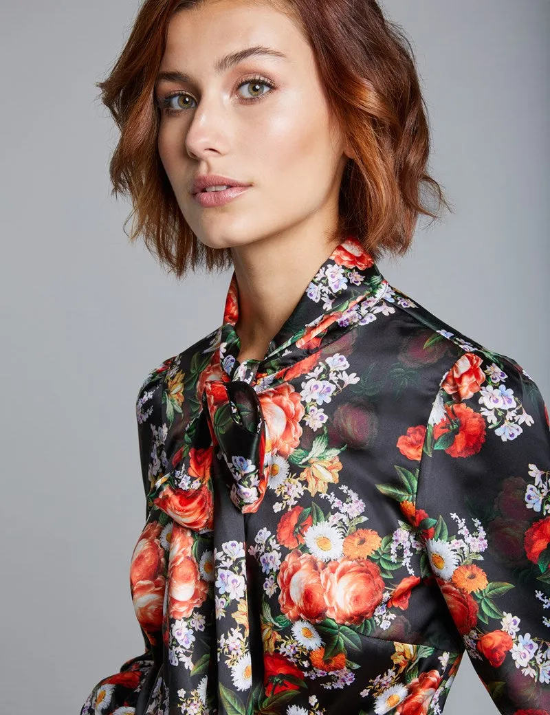 Black & Orange Floral Fitted Satin Blouse