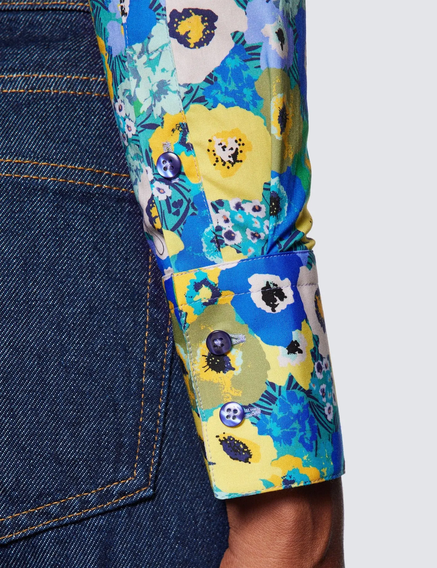 Blue & Yellow Floral Print Fitted Cotton Stretch Shirt