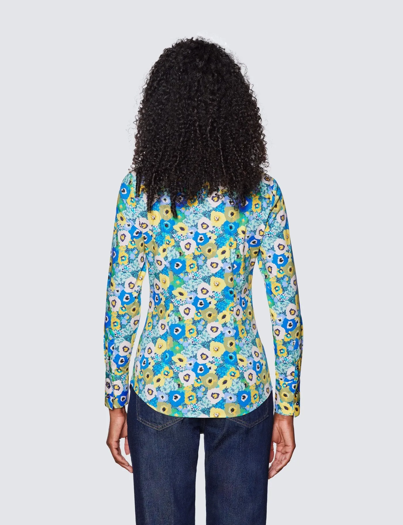 Blue & Yellow Floral Print Fitted Cotton Stretch Shirt