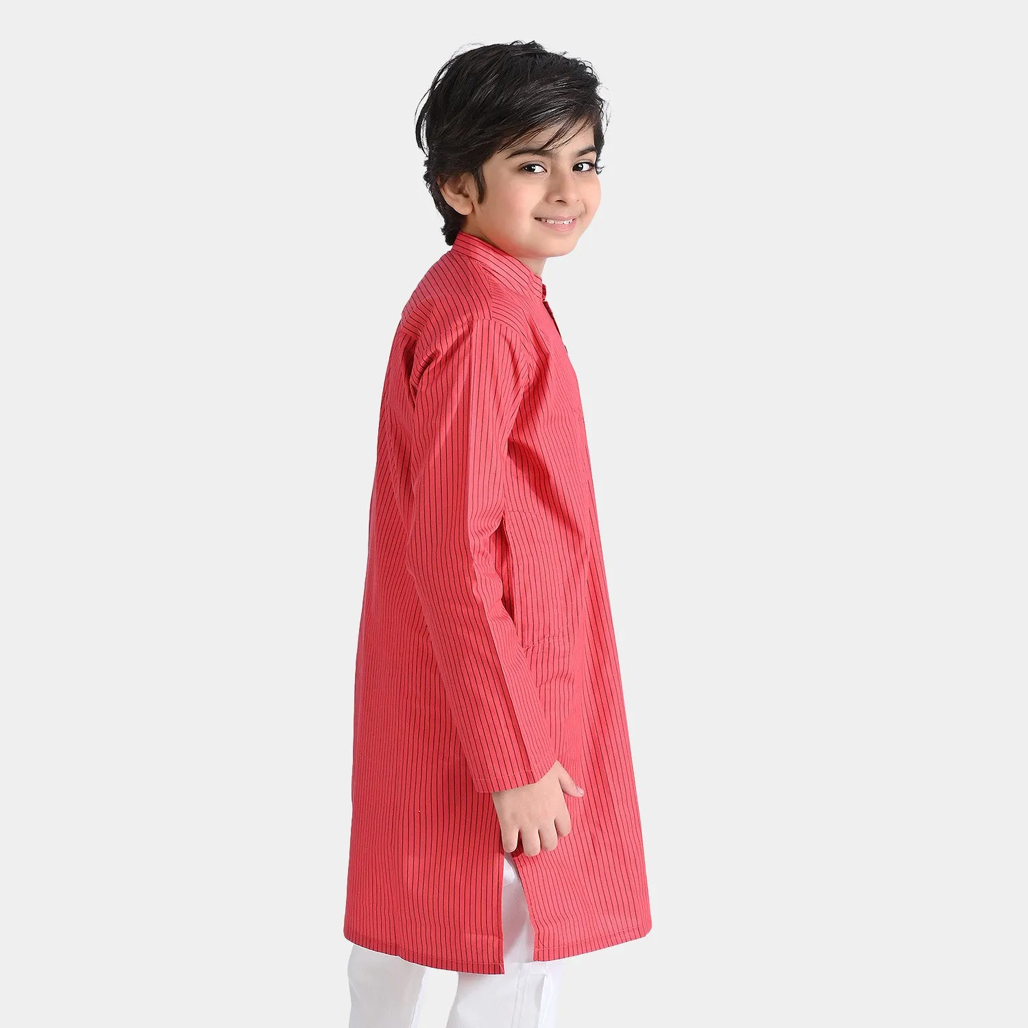 Boys Cotton Poplin Printed Kurta Stripe-Red