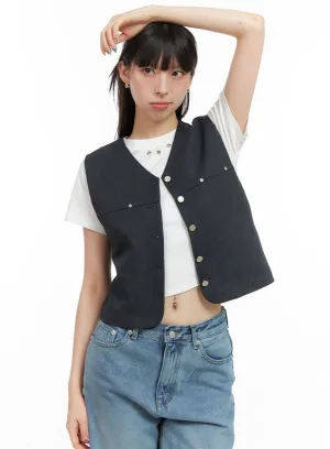 Buttoned V-Neck Denim Vest CG408