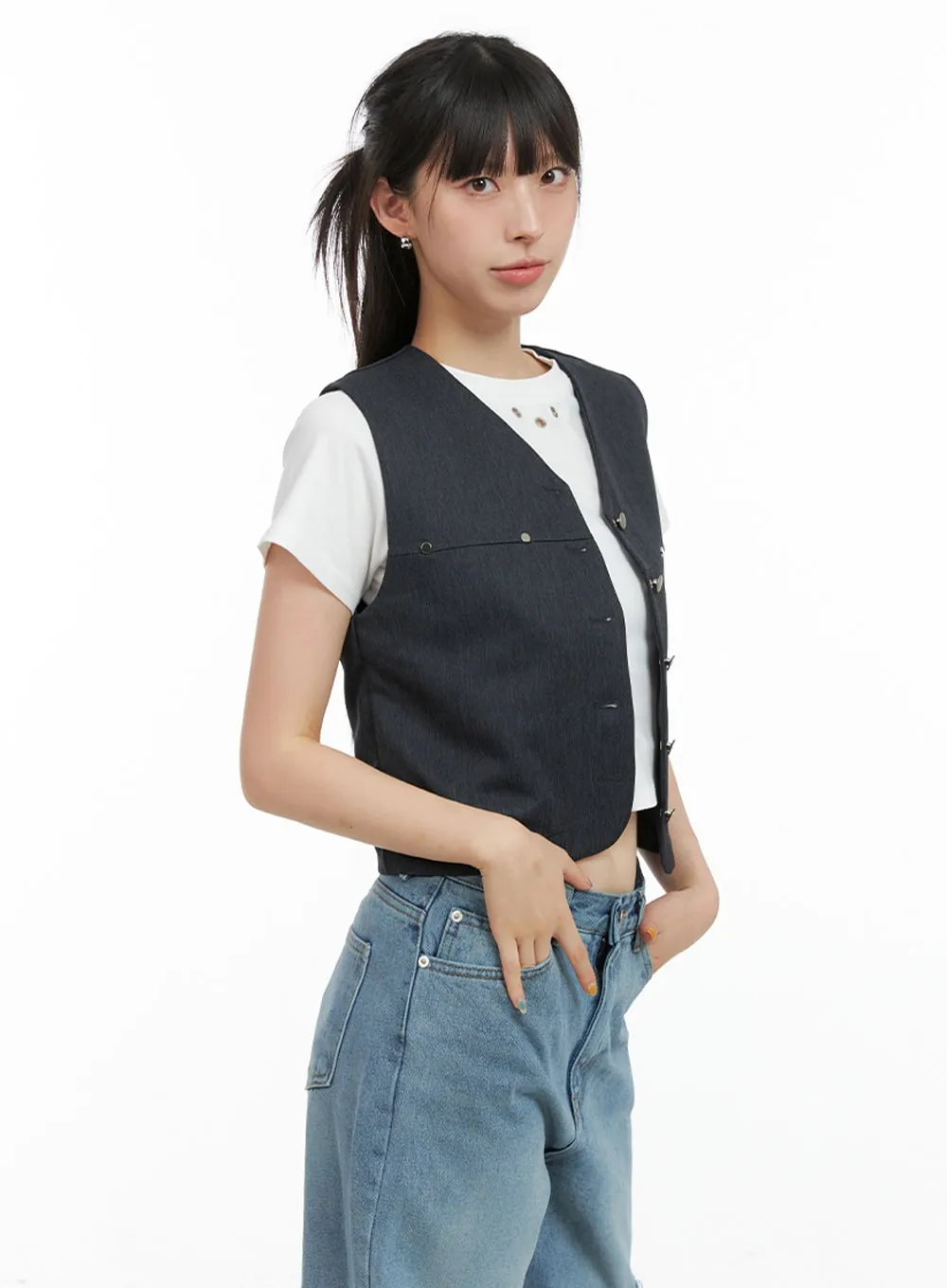 Buttoned V-Neck Denim Vest CG408