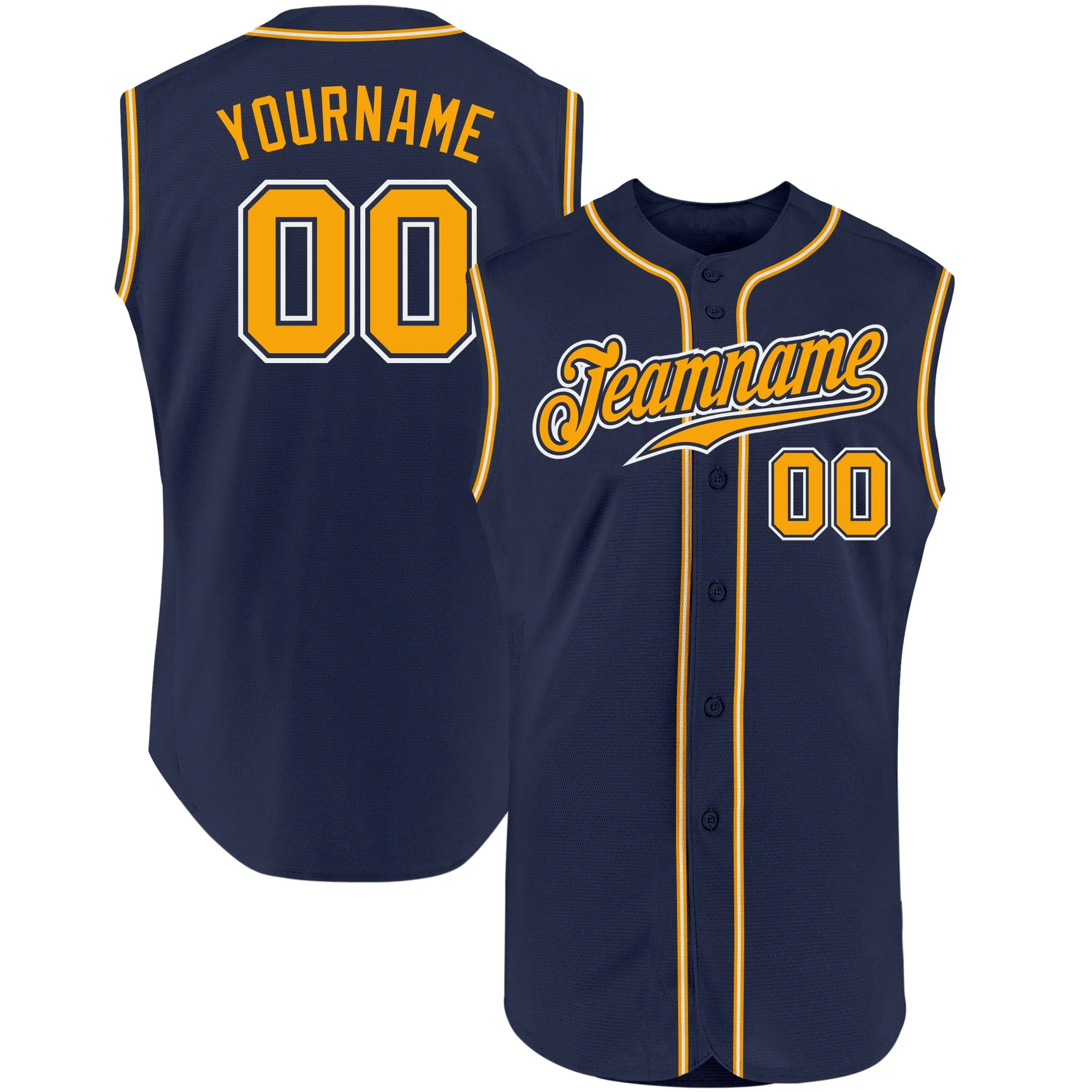 Custom Navy Gold-White Authentic Sleeveless Baseball Jersey