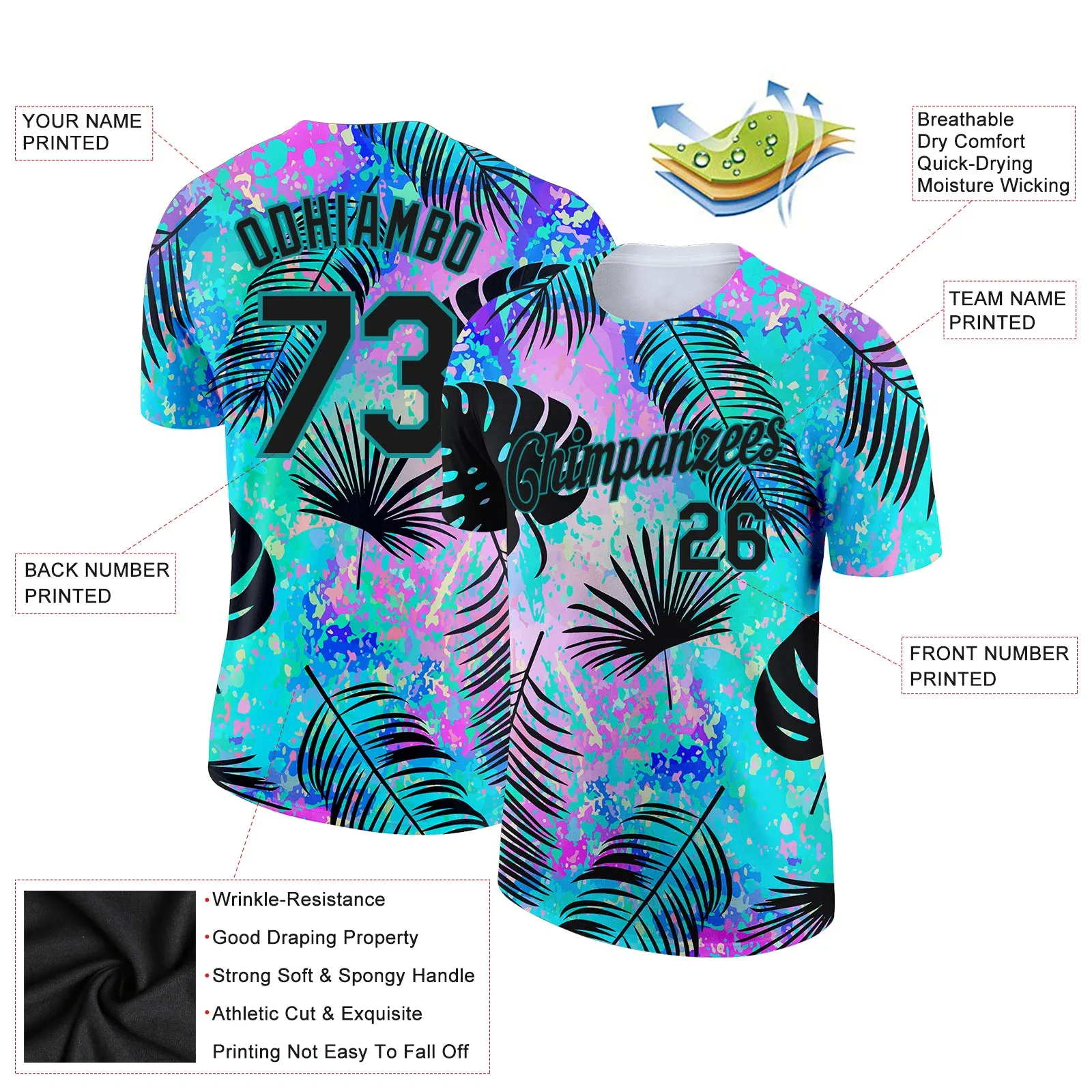 Custom Teal Black 3D Pattern Design Hawaii Palm Leaves Performance T-Shirt