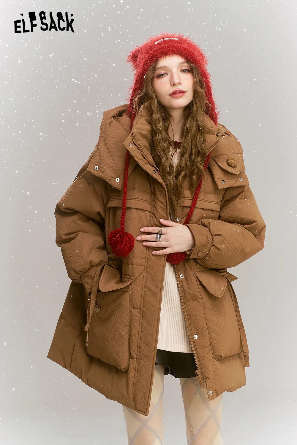 ELFSACK 2024 Winter New Arrivals Casual loose medium hooded warm down jacket for women Top with V-shaped embossed fabric design