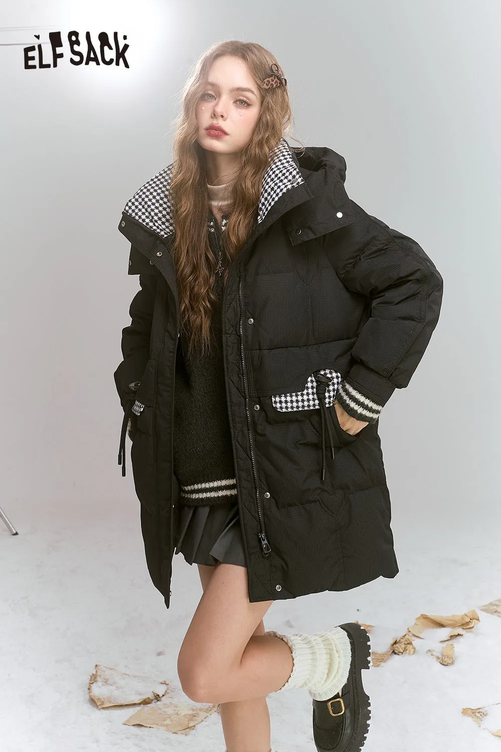 ELFSACK 2024 Winter New Arrivals Preppy style mid-length hooded plaid patchwork down jacket for women