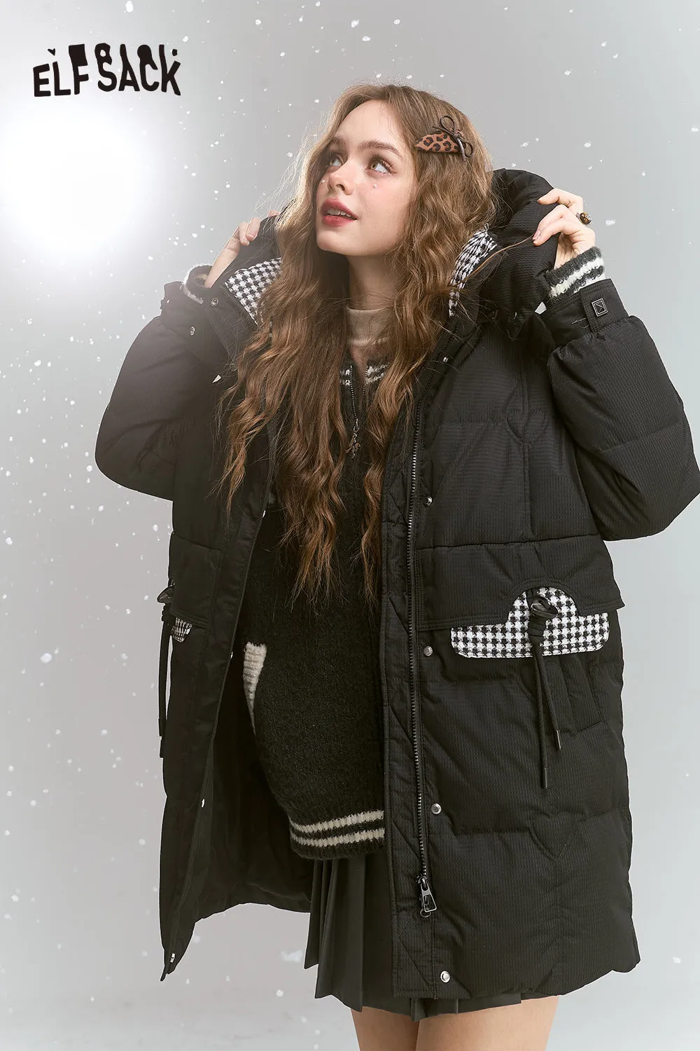 ELFSACK 2024 Winter New Arrivals Preppy style mid-length hooded plaid patchwork down jacket for women