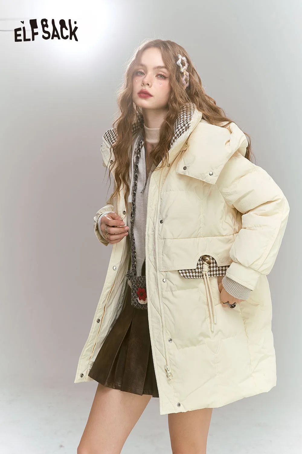 ELFSACK 2024 Winter New Arrivals Preppy style mid-length hooded plaid patchwork down jacket for women