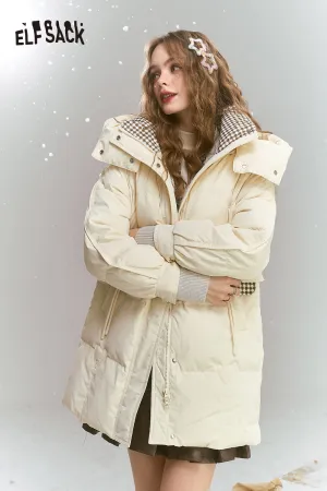 ELFSACK 2024 Winter New Arrivals Preppy style mid-length hooded plaid patchwork down jacket for women