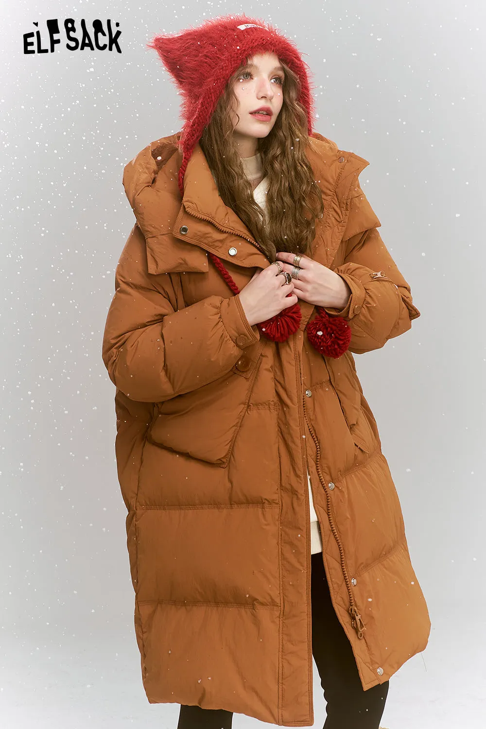 ELFSACK 2024 Winter New Arrivals Simplicity casual loose mid-length hooded warm down jacket for women