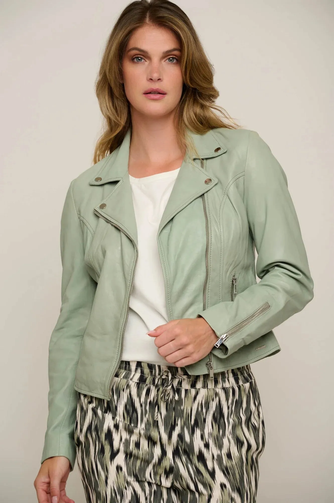 Emily Leather Biker Jacket in Sea Moss