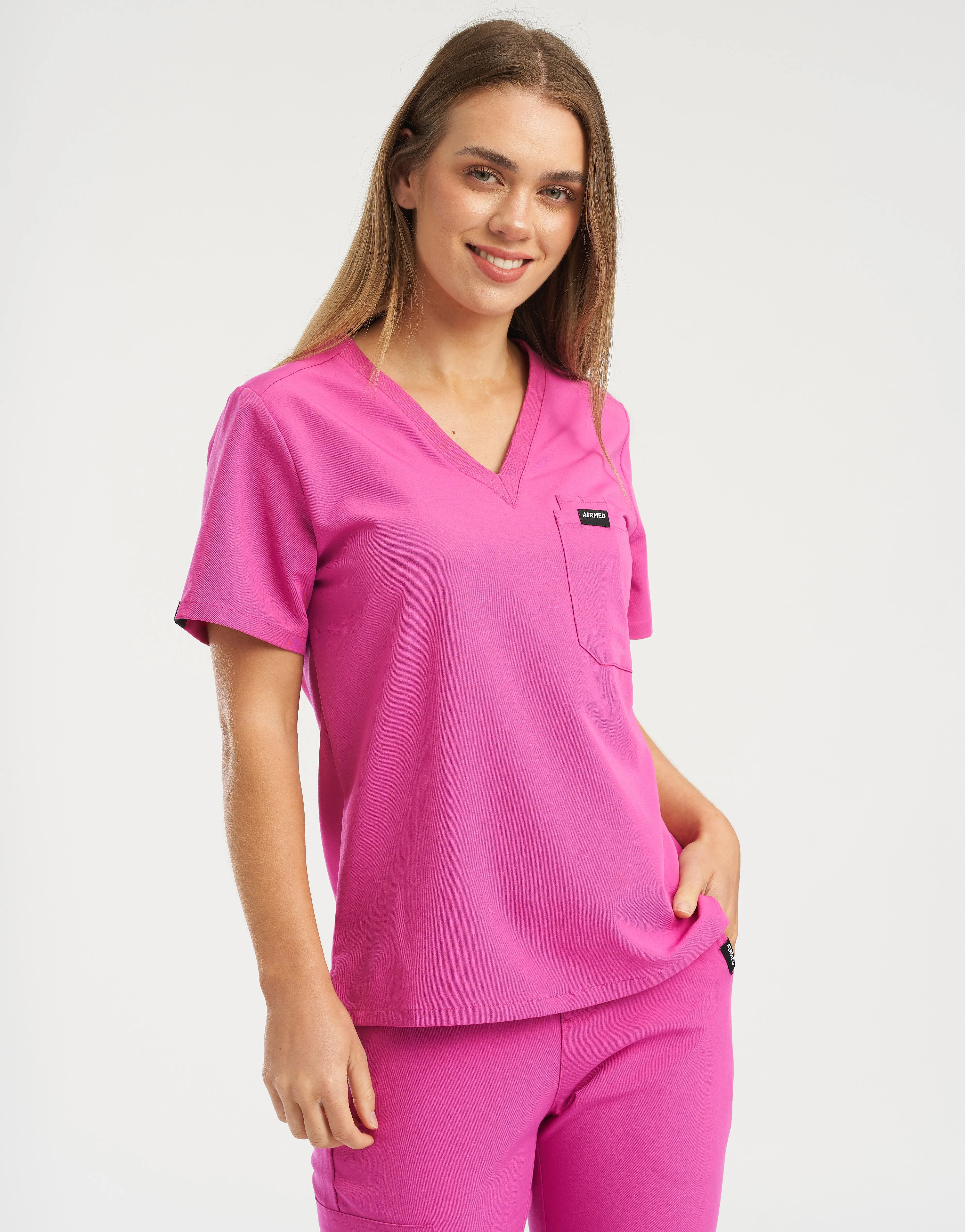 Essential One Pocket V Neck Scrub Top - Just Pink