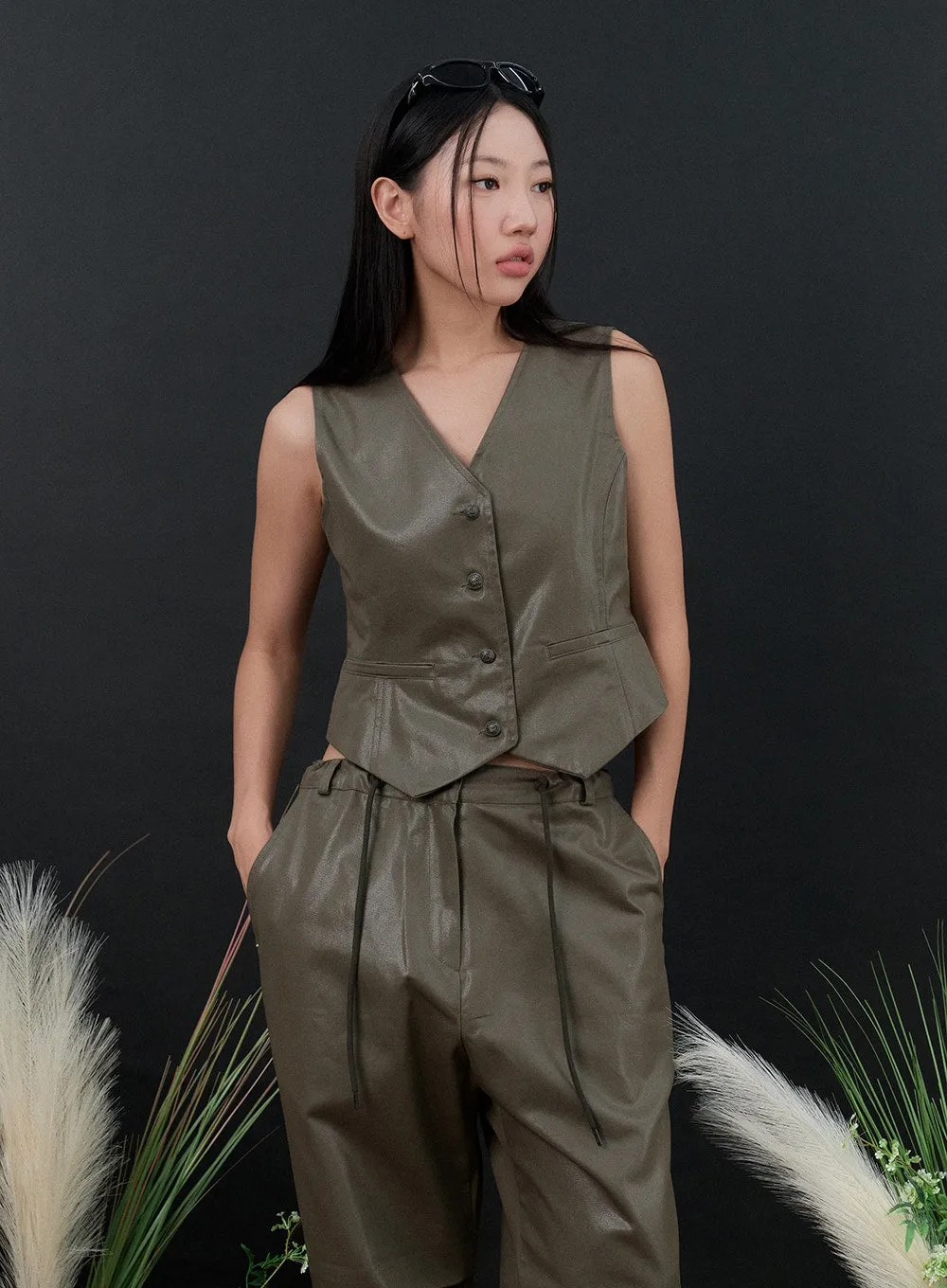 Faux Leather Buttoned Vest IS306