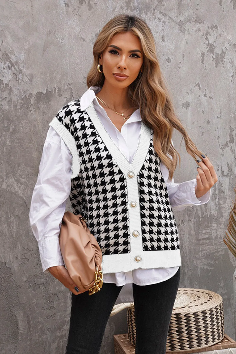 Houndstooth Button Front Sweater Vest