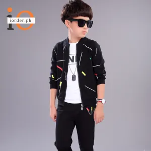 Kids Black Printed Zipper with Warm Black Trouser ( 3 Piece )