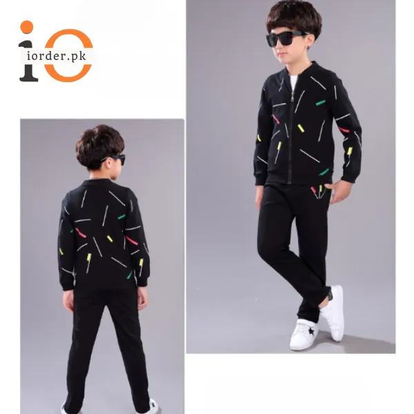 Kids Black Printed Zipper with Warm Black Trouser ( 3 Piece )