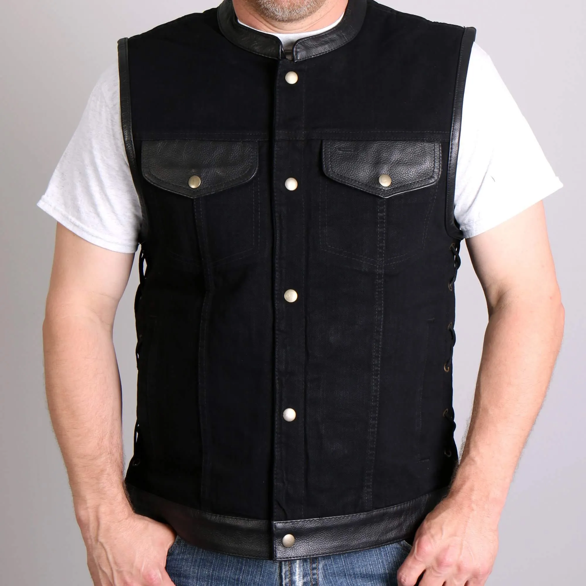 Men's Black Denim and Leather Vest, VSM6101-HL