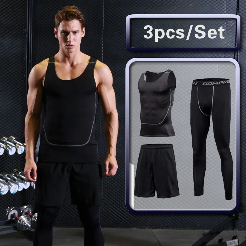 Men's Gym Training Fitness Sportswear Tights Slim Clothes Running Workout Tracksuit Suits Quick Drying High Elastic Sports Wear