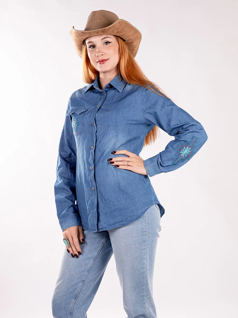 Montana West Women Embroidered Aztec Long Sleeve Chambray Shirt MW-S1002 (Prepack 7 Pcs)