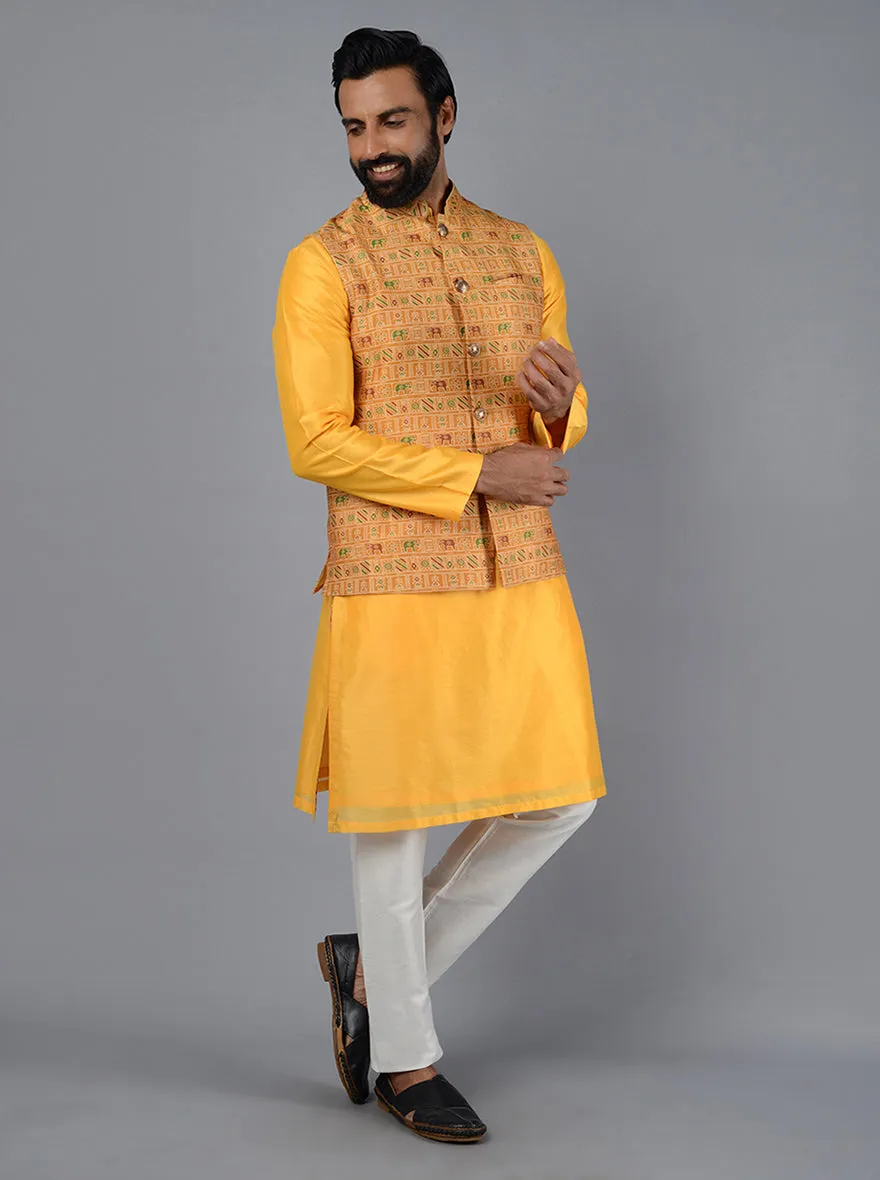 Mustard Yellow Printed Regular Fit Bandhgala Jacket | TULA