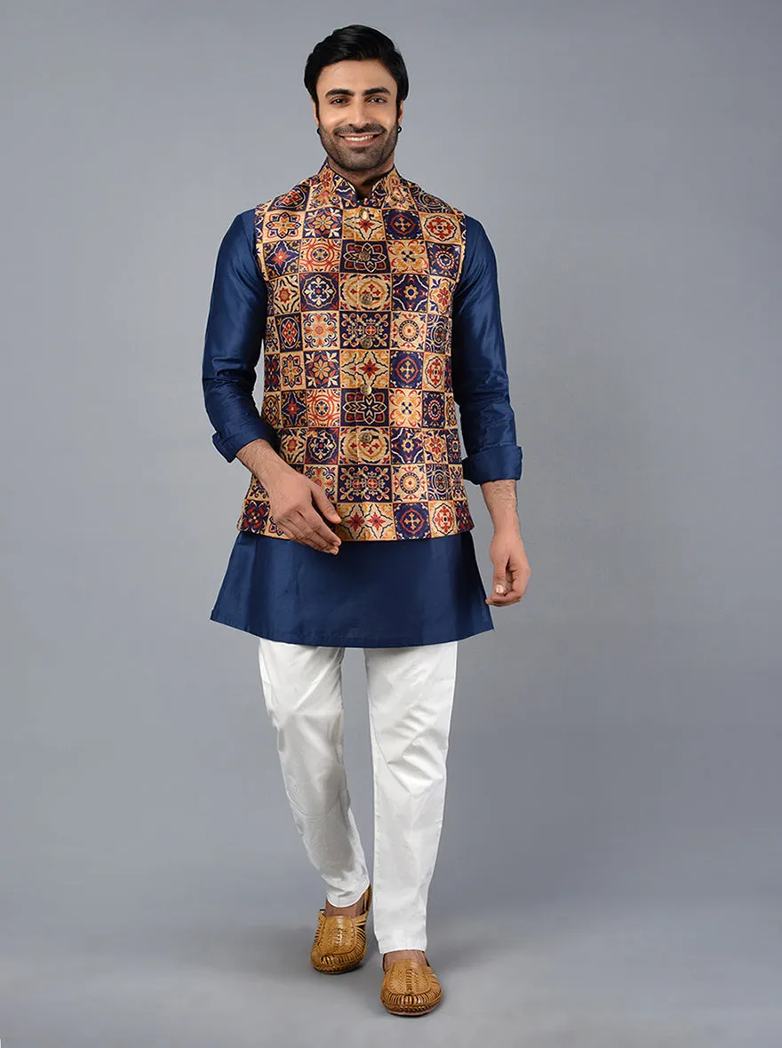 Navy Blue Printed Regular Fit Bandhgala Jacket | TULA