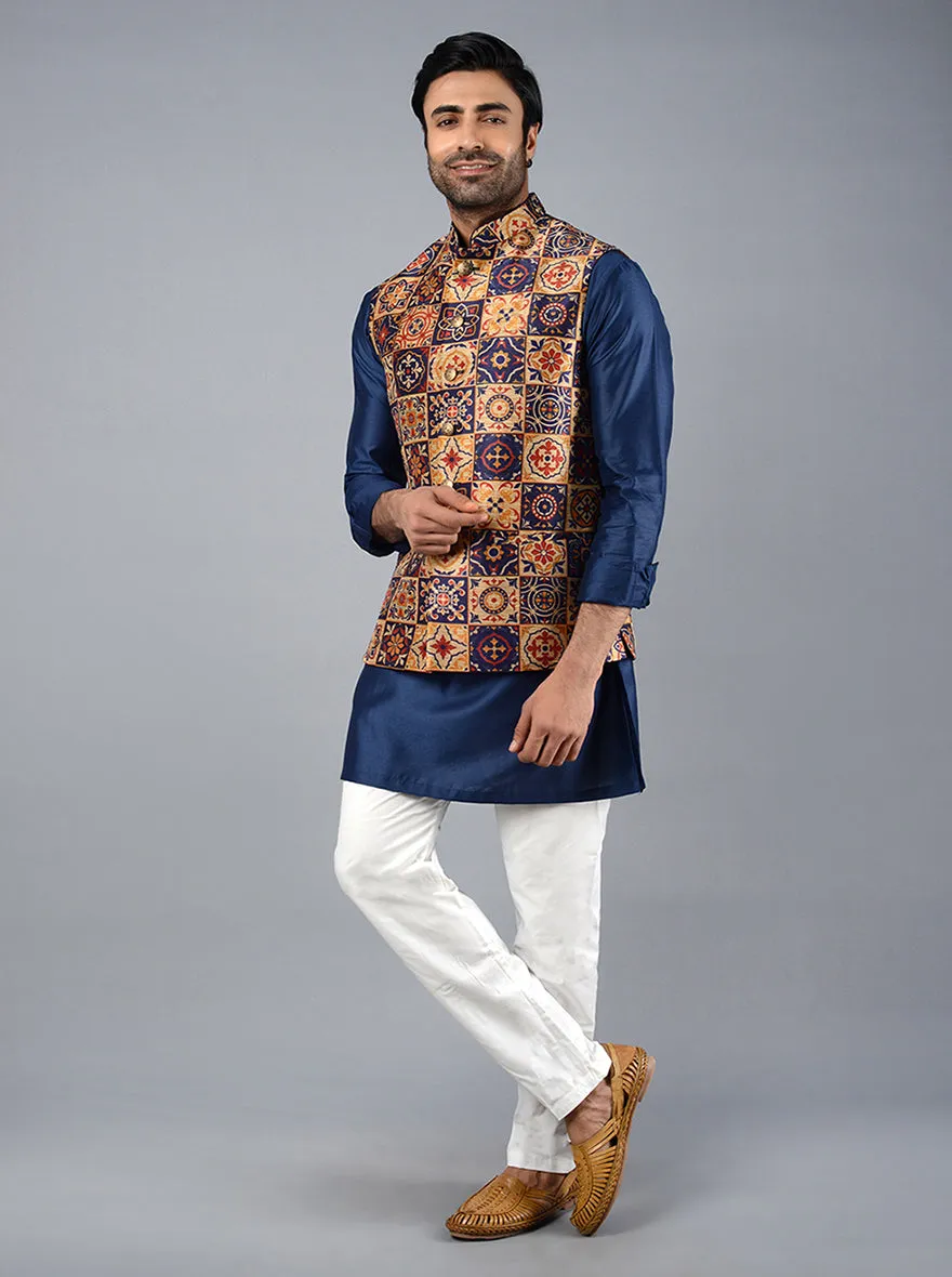 Navy Blue Printed Regular Fit Bandhgala Jacket | TULA