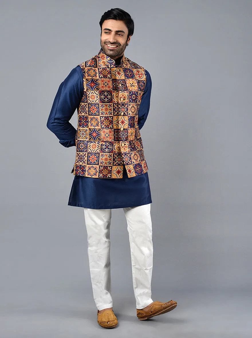 Navy Blue Printed Regular Fit Bandhgala Jacket | TULA