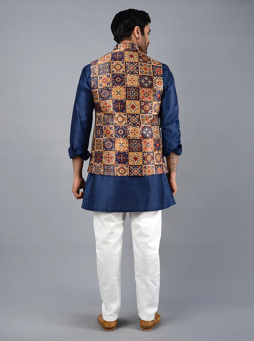 Navy Blue Printed Regular Fit Bandhgala Jacket | TULA