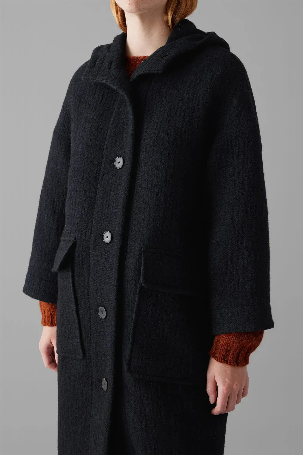 Navy Wool Hooded Coat, Dark Navy