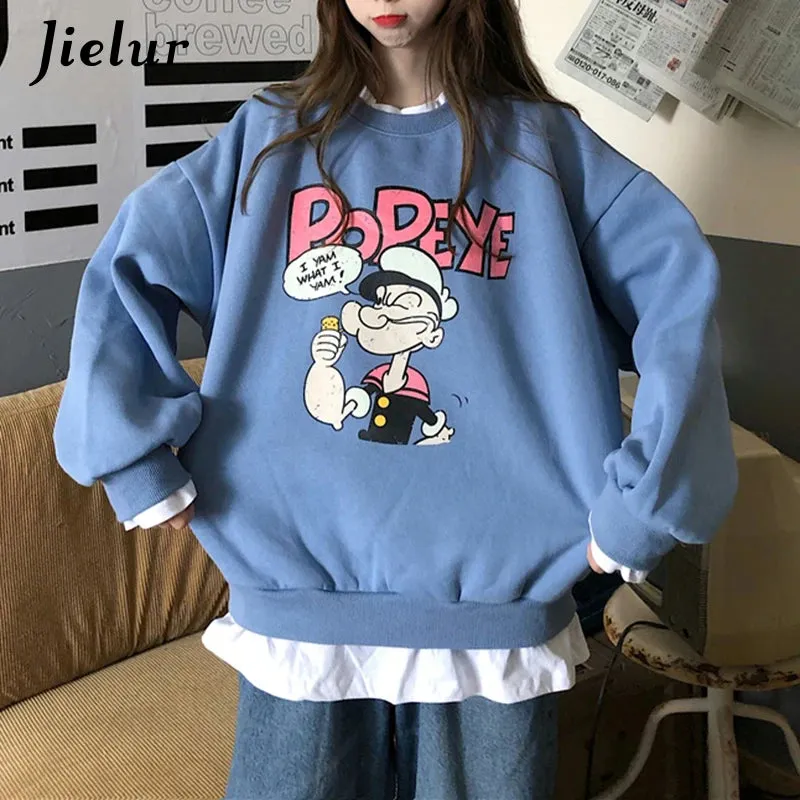 Popeye Cartoon Fake Two Pieces Sweatshirts Female Loose Printed Hoodies Beige Pullovers Kawaii Lovely Women Clothes M-XL