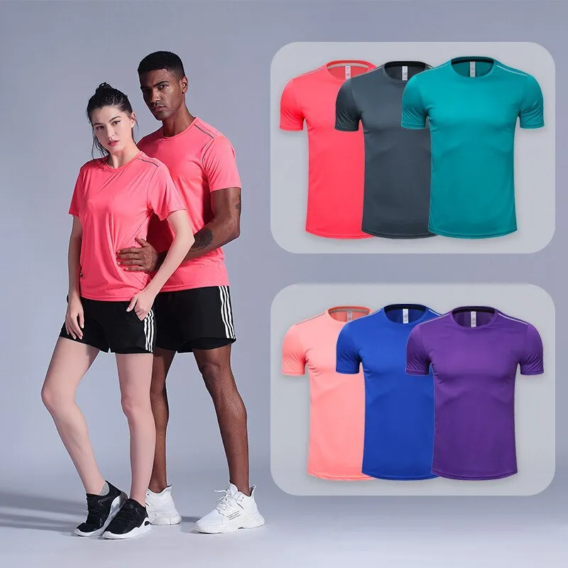 Quick Dry Gym Shirt Men Summer Women's Sportswear Running T-Shirts Sport Female Tops Jogging Tops Loose Training Short Sleeves