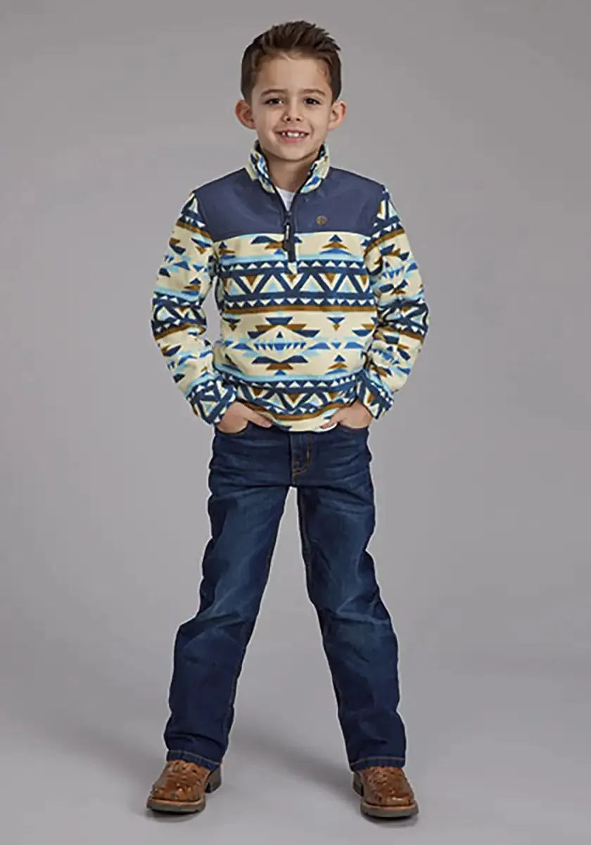 Roper Boy's Aztec Print Microfleece Pullover (Cream/Navy) - Children's Jacket