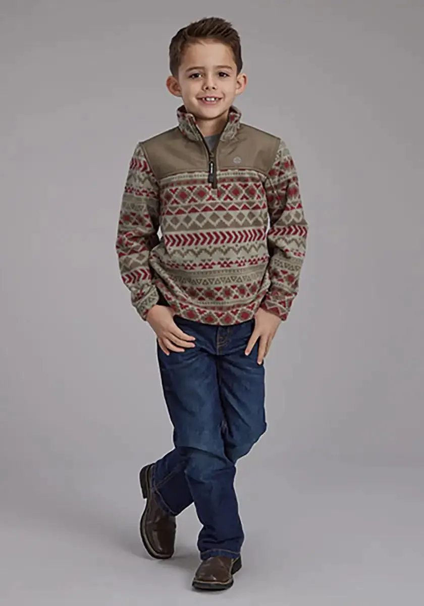 Roper Boy's Aztec Print Microfleece Pullover (Olive/Red) - Children's Jacket