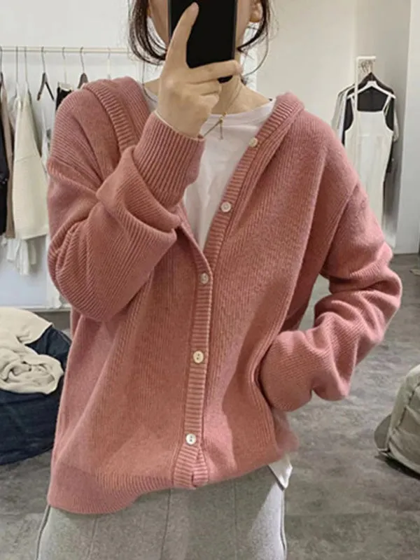 Simple Loose Long Sleeves Buttoned Solid Color Hooded Sweater Cardigan Coats