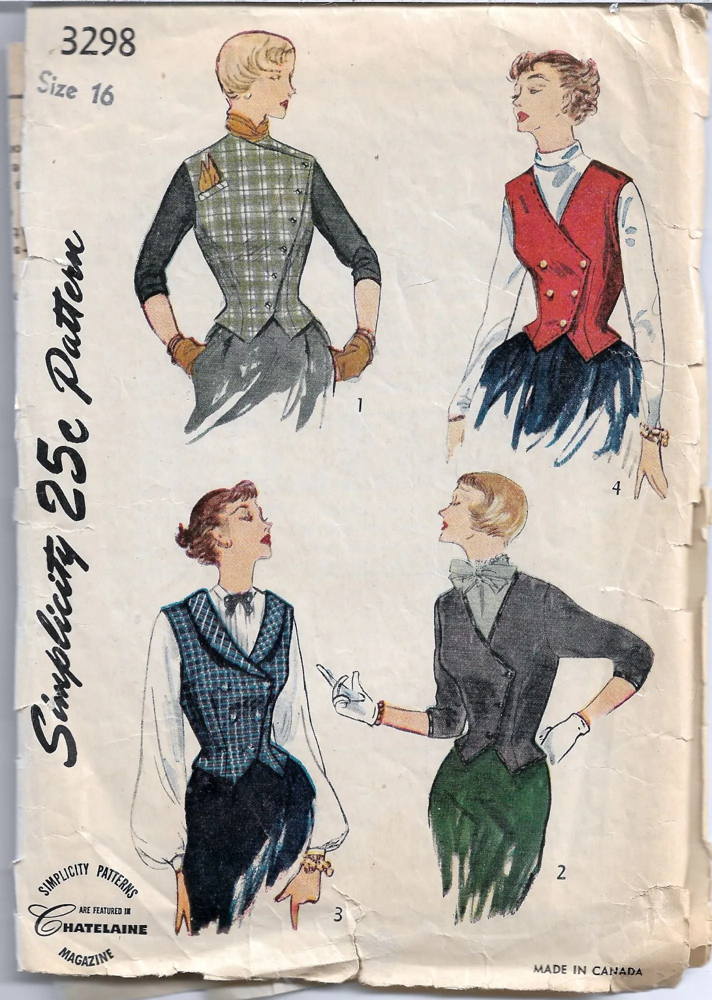 Simplicity 3298 Weskit Vest Jacket Vintage Sewing Pattern 1950s Unprinted