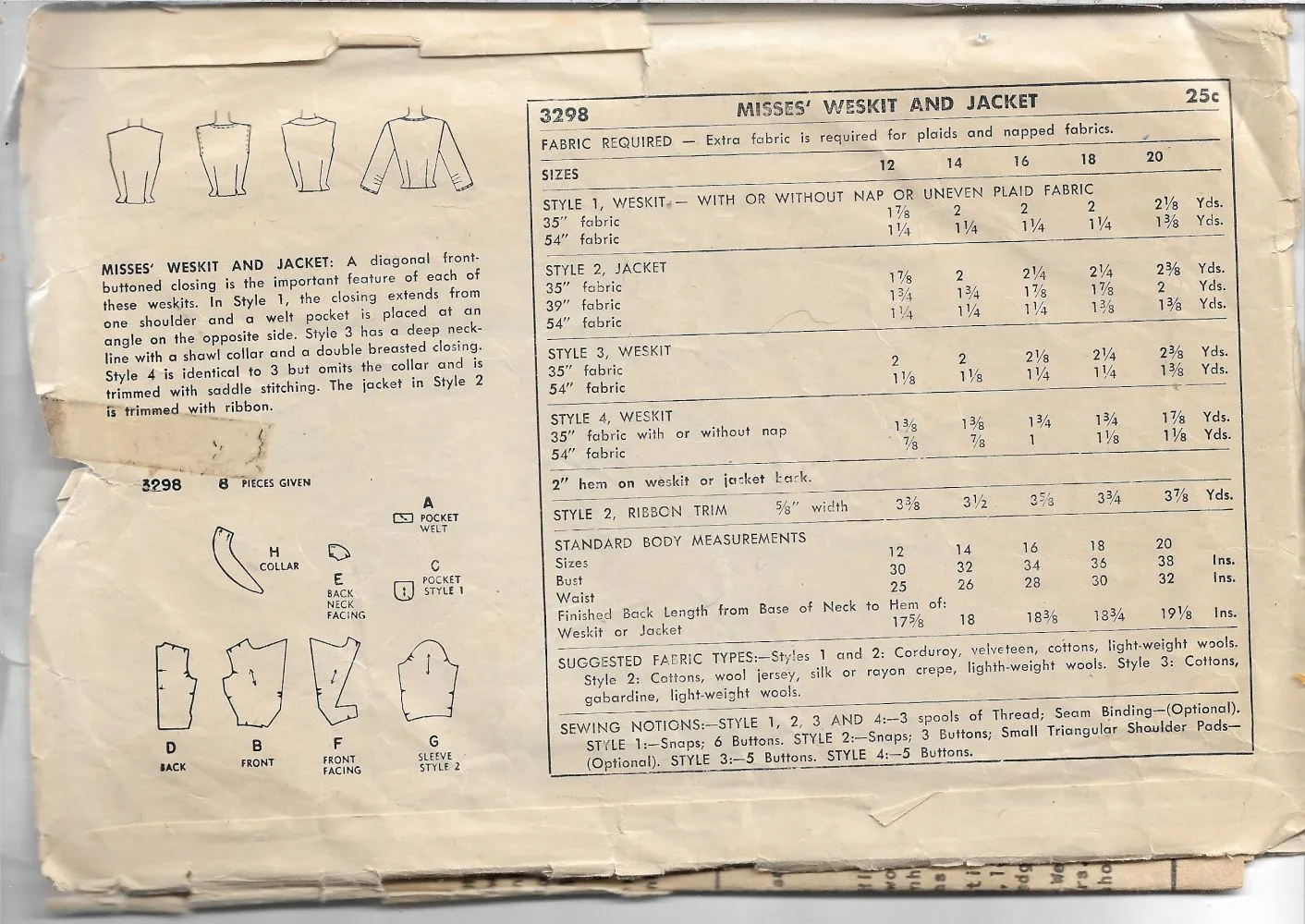 Simplicity 3298 Weskit Vest Jacket Vintage Sewing Pattern 1950s Unprinted