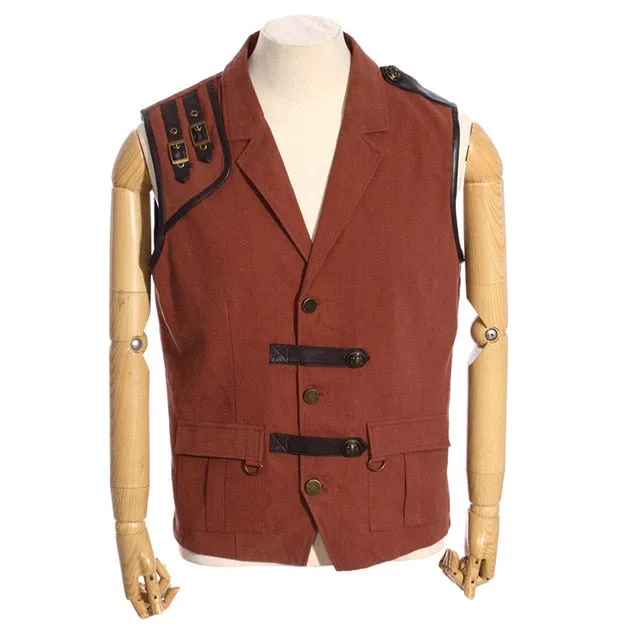 Steampunk Retro Coffee Man Waistcoats Fashion V-neck Punk Sleeveless Vest Autumn Winter Casual Cotton Waistcoat with Two Pockets