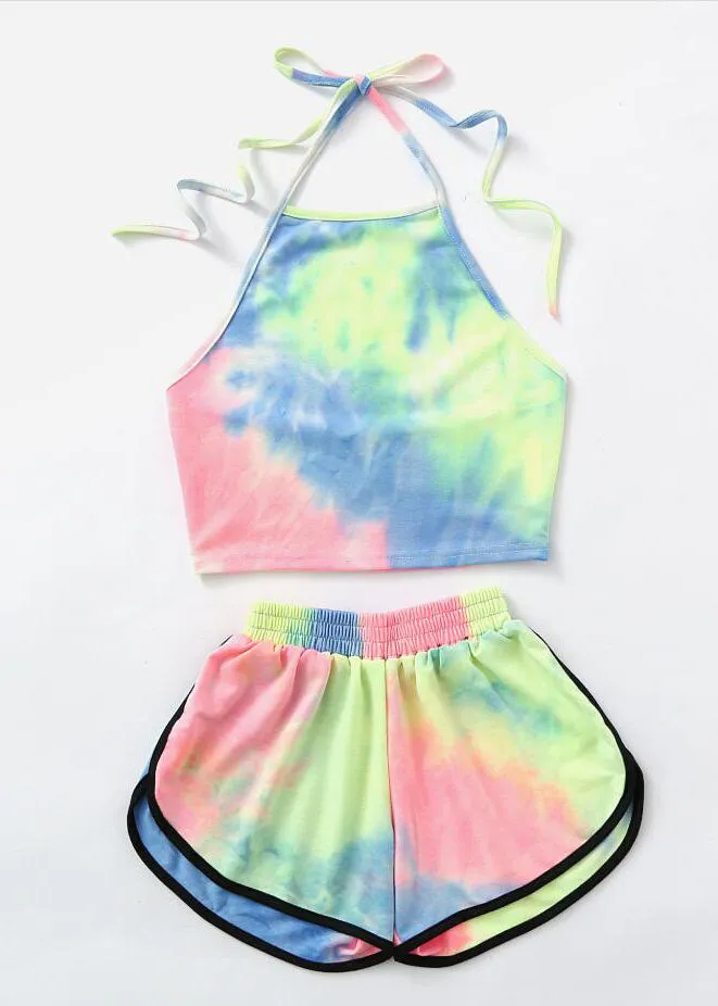 Tie-Dye Gradient Halter Crop Top and Shorts Two Piece Set Women Summer Tank Camis Suits Holiday Outfit Tracksuit UQD002