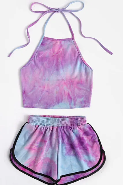 Tie-Dye Gradient Halter Crop Top and Shorts Two Piece Set Women Summer Tank Camis Suits Holiday Outfit Tracksuit UQD002