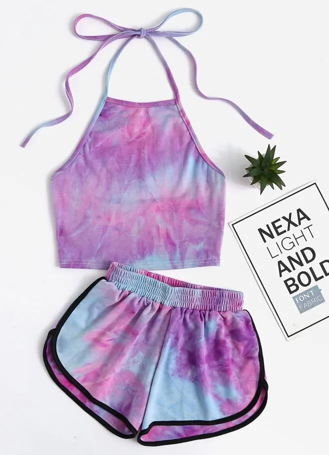 Tie-Dye Gradient Halter Crop Top and Shorts Two Piece Set Women Summer Tank Camis Suits Holiday Outfit Tracksuit UQD002