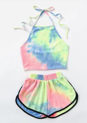 Tie-Dye Gradient Halter Crop Top and Shorts Two Piece Set Women Summer Tank Camis Suits Holiday Outfit Tracksuit UQD002