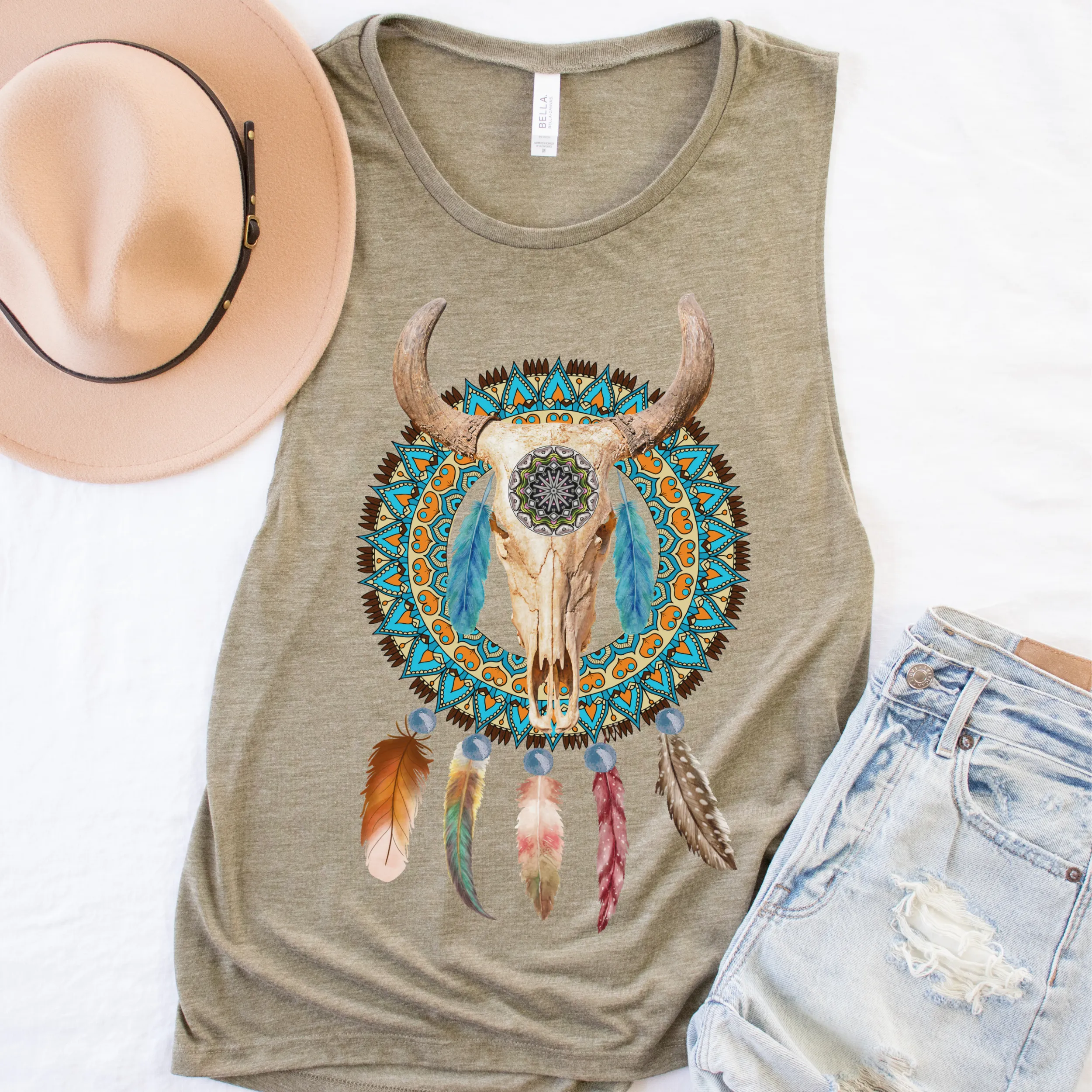 Trendy Desert Tank Summer Western Bull Skull and Dreamcatcher Tank Relaxed Bella Canvas Tank