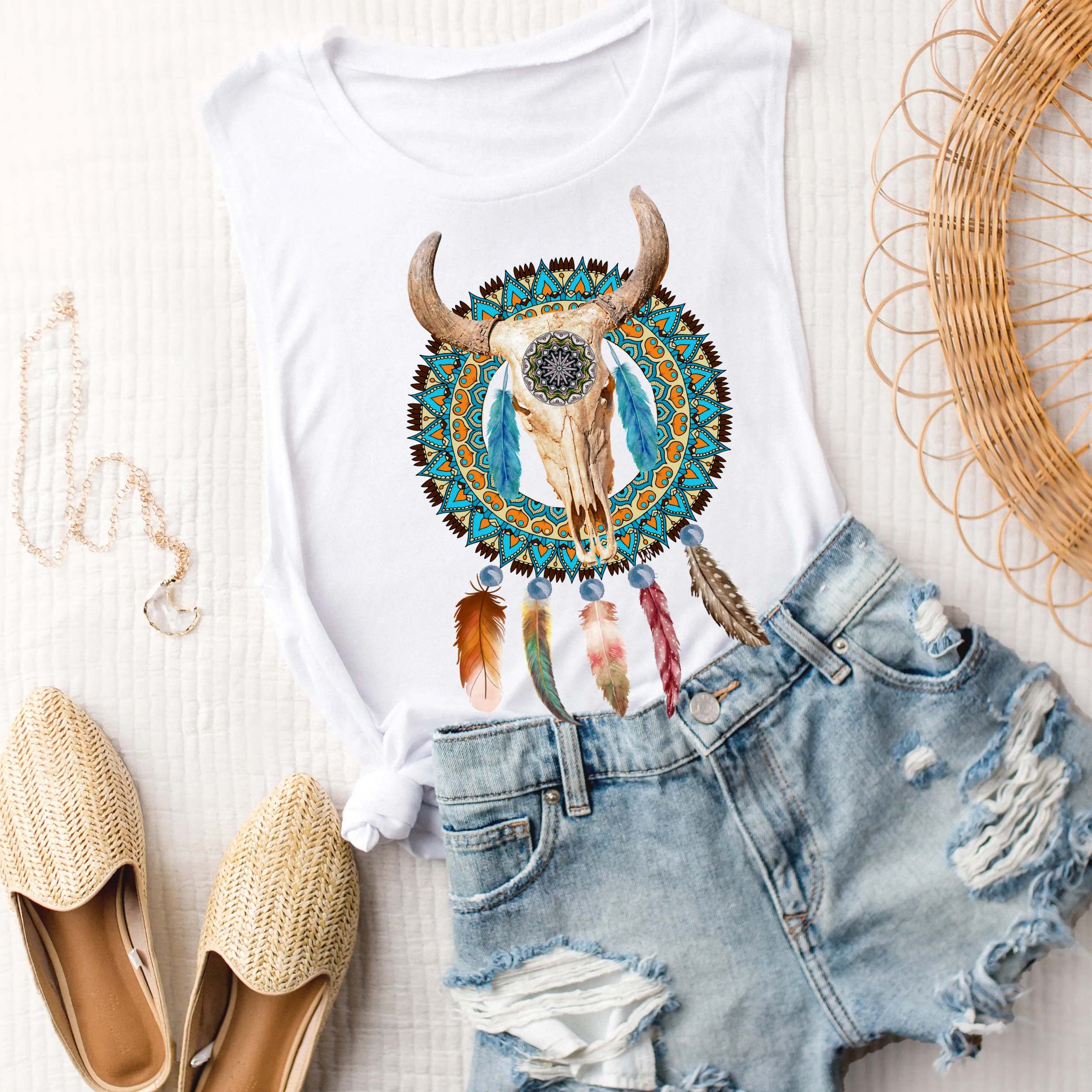 Trendy Desert Tank Summer Western Bull Skull and Dreamcatcher Tank Relaxed Bella Canvas Tank